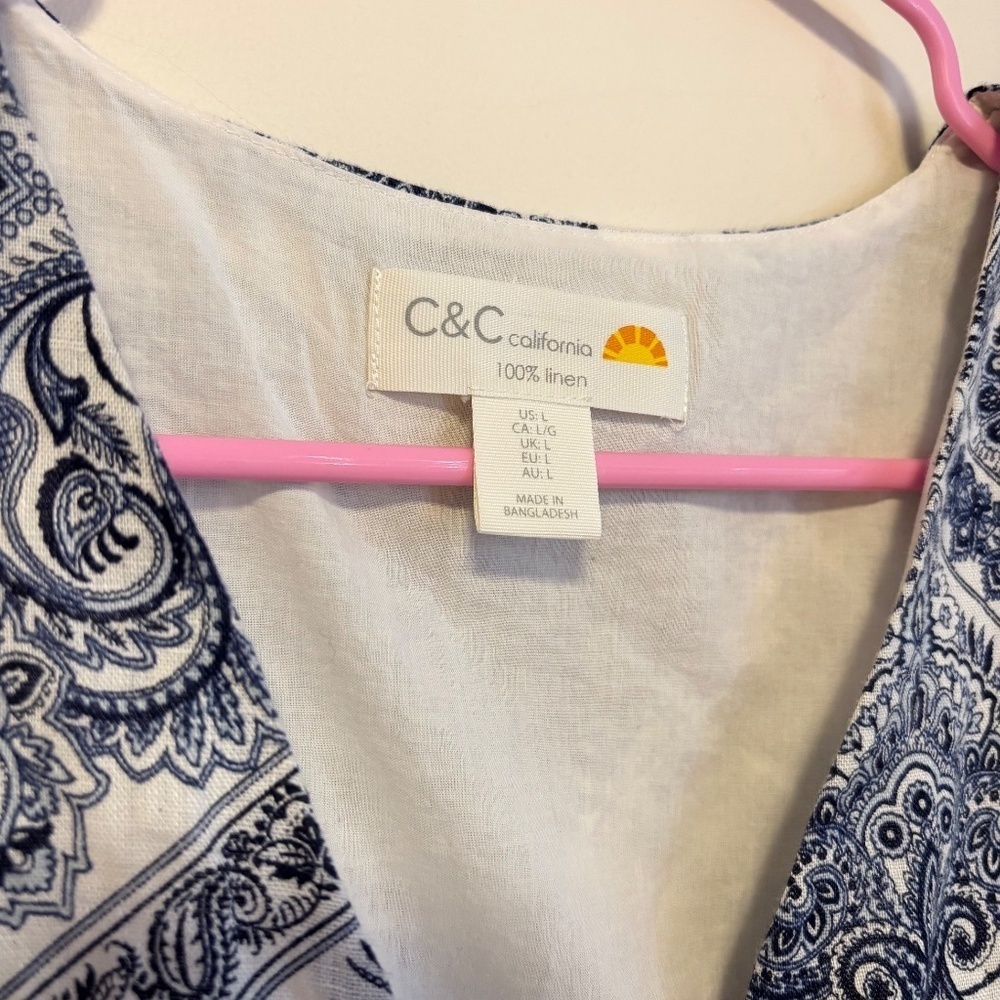 C&C California Front Twist Linen Crop Tank Top Blue White Paisley Womens Large - Picture 4 of 4